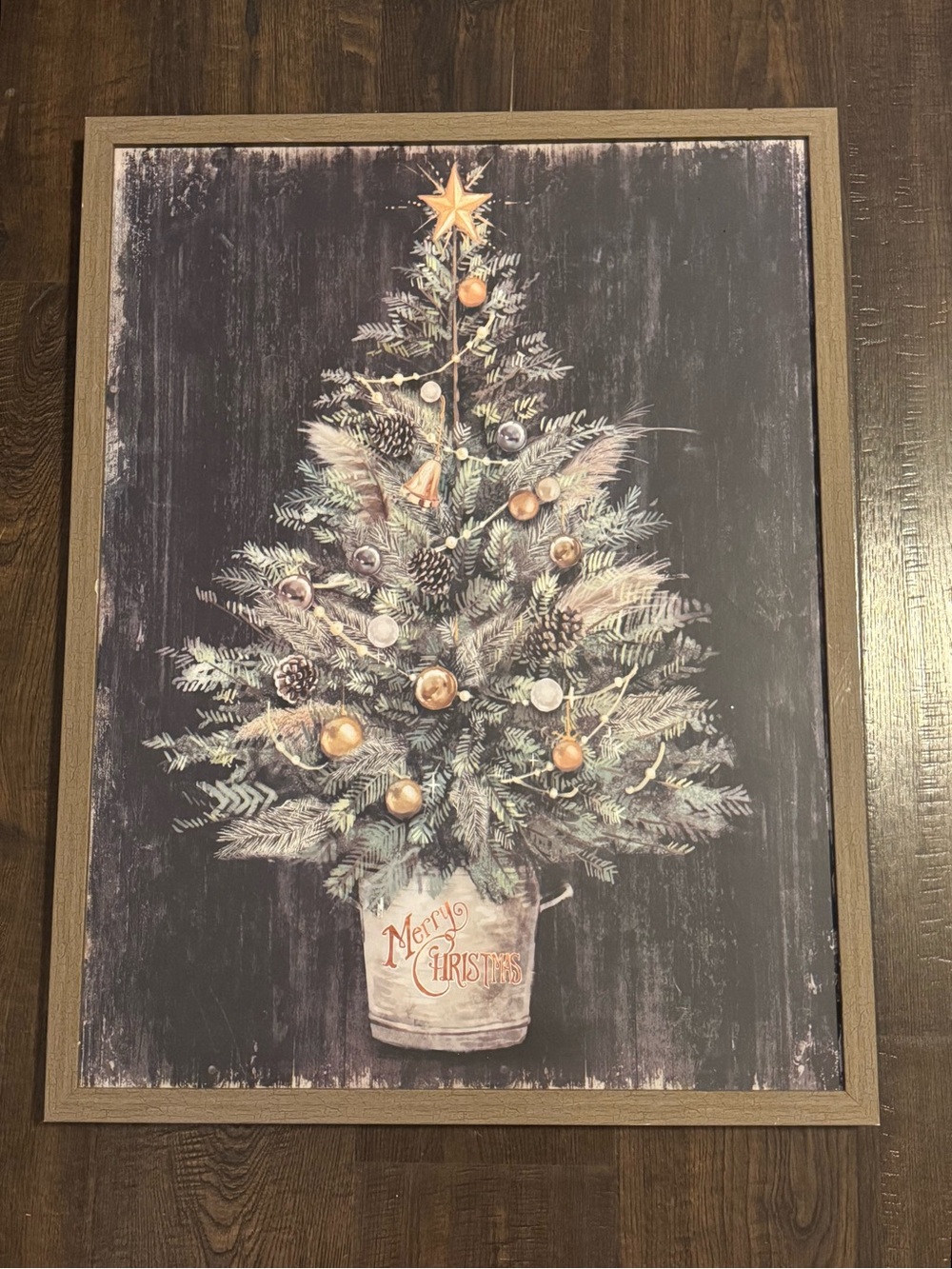 Framed Merry Christmas Pine Tree Wall Art - Green and Gold Holiday Vintage look